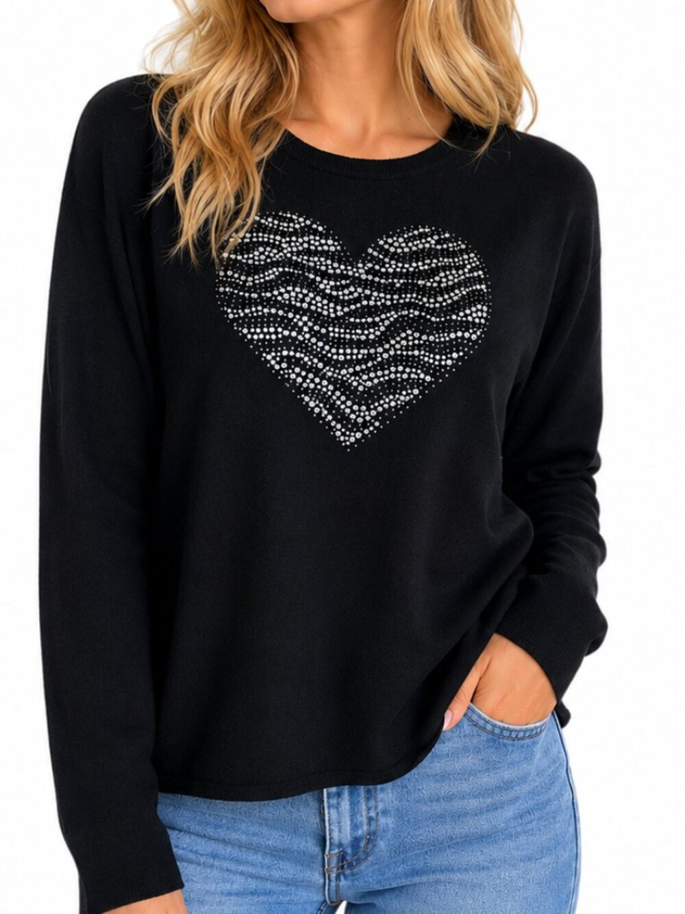 AQUA Black Cashmere Sweater with Jeweled/Studded Heart